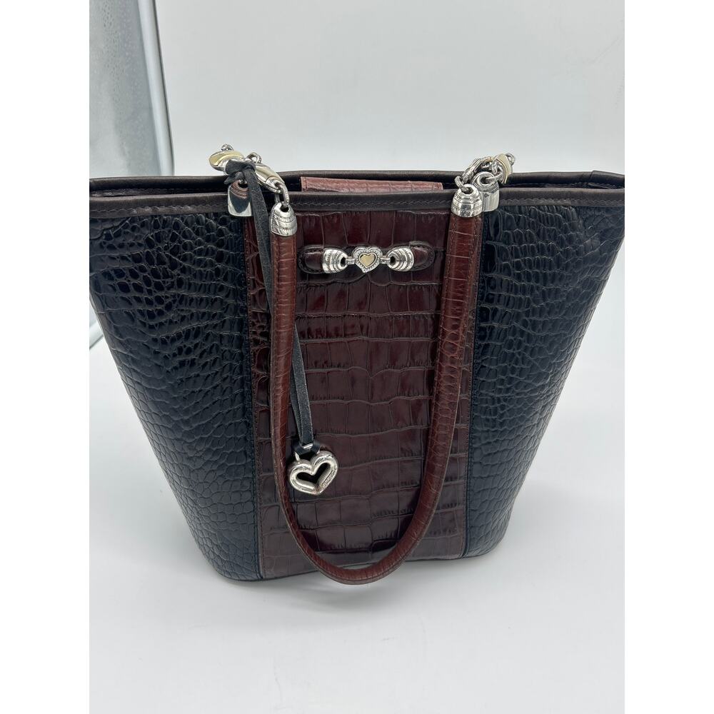 Brighton Leather Tote Shoulder Purse Black Brown Croc Embossed Heart Charm